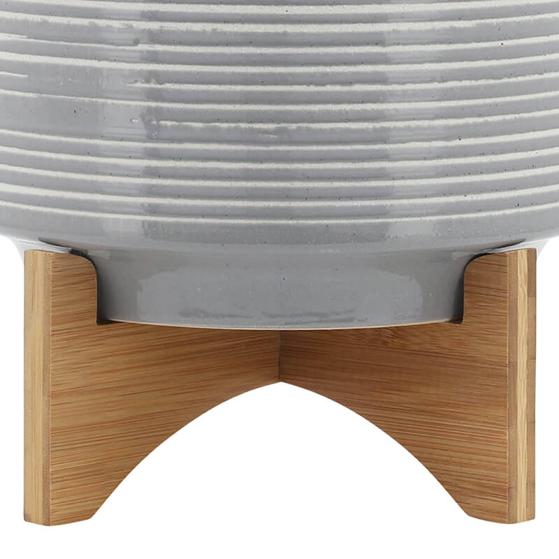 10" Gray Ceramic Planter On Wooden Stand