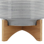 10" Gray Ceramic Planter On Wooden Stand
