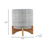 10" Gray Ceramic Planter On Wooden Stand