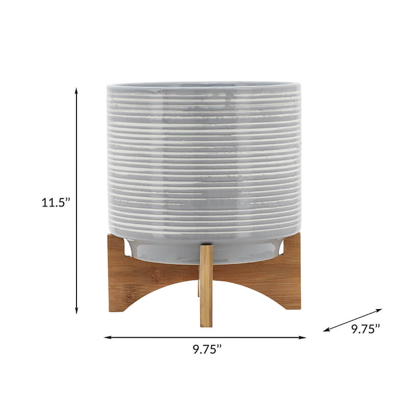 10" Gray Ceramic Planter On Wooden Stand
