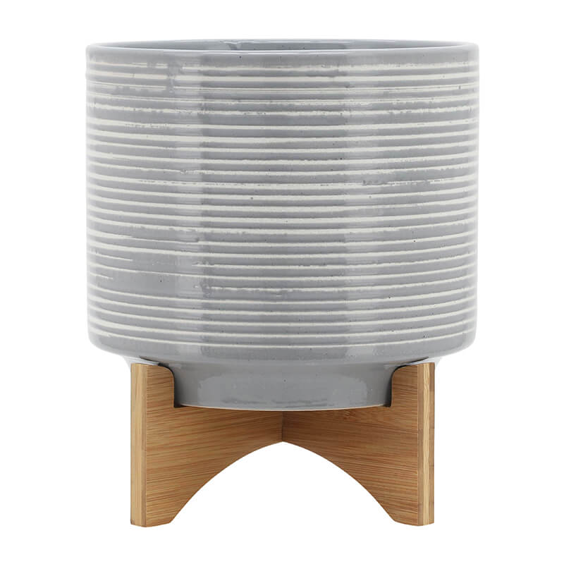 10" Gray Ceramic Planter On Wooden Stand