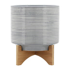 10" Gray Ceramic Planter On Wooden Stand