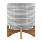 10" Gray Ceramic Planter On Wooden Stand