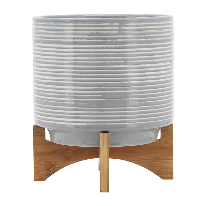 10" Gray Ceramic Planter On Wooden Stand