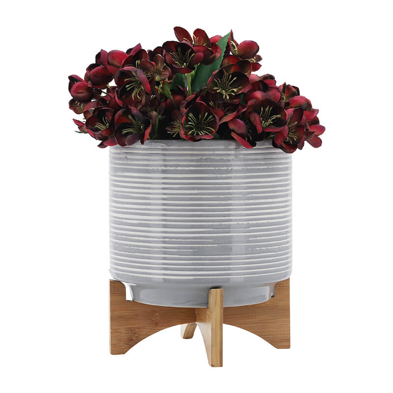 10" Gray Ceramic Planter On Wooden Stand