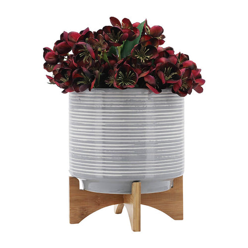 10" Gray Ceramic Planter On Wooden Stand