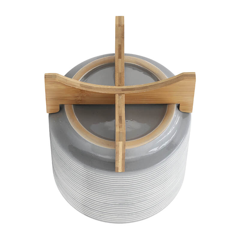 10" Gray Ceramic Planter On Wooden Stand