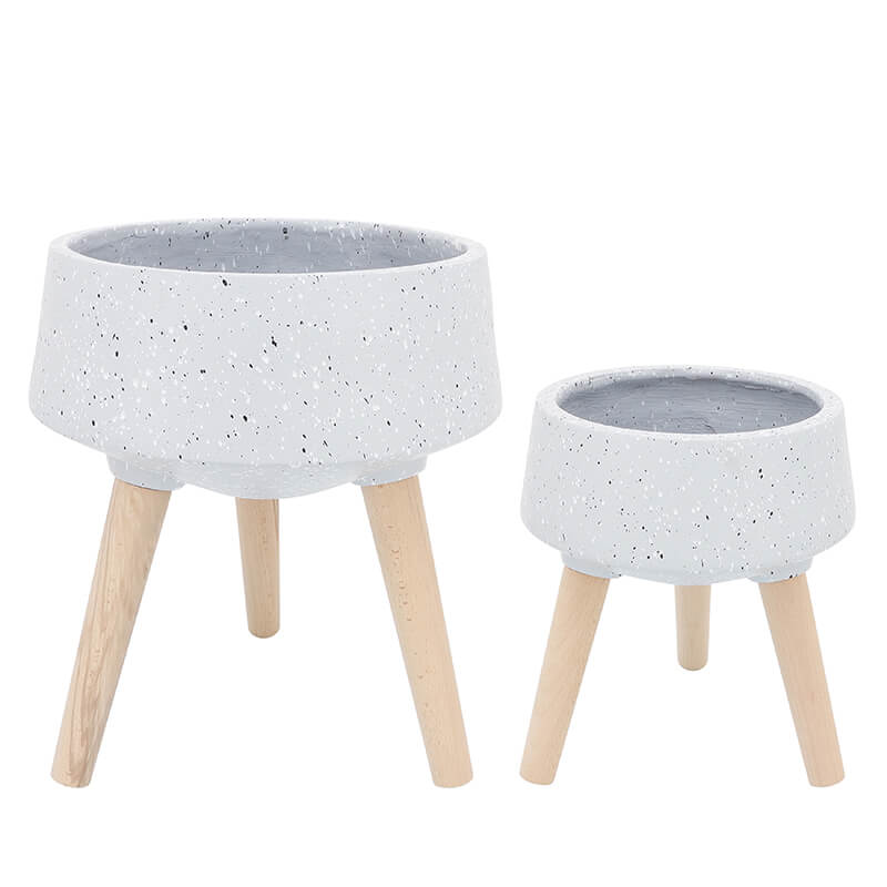11/15" Gray Terrazzo Planters with Wood Legs - Set of 2