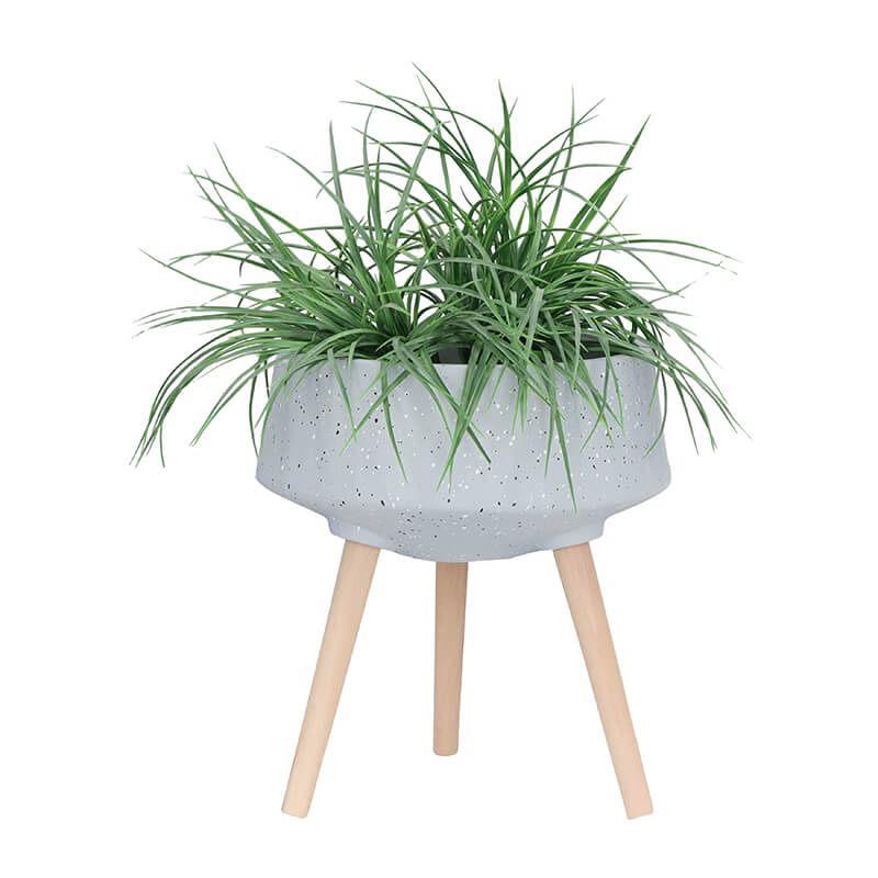 11/15" Gray Terrazzo Planters with Wood Legs - Set of 2