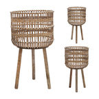 11/13/15" Brown Round Bamboo Planters with Tripod Stand - Set of 3