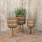 11/13/15" Brown Round Bamboo Planters with Tripod Stand - Set of 3