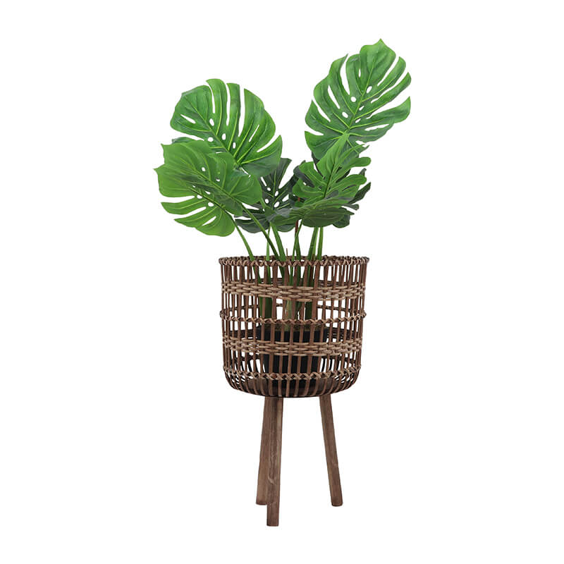 11/13/15" Brown Round Bamboo Planters with Tripod Stand - Set of 3
