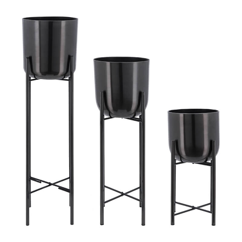 40/30/20" Black Metal Planters On Stand - Set Of 3