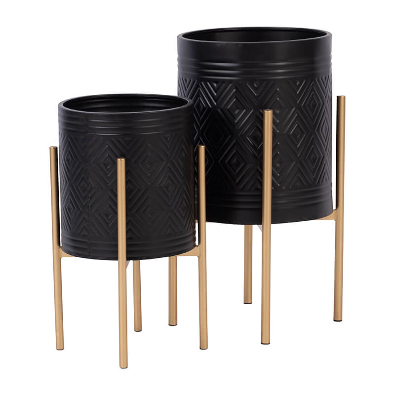 23" Black Aztec Planter On Metal Stand - Set of 2