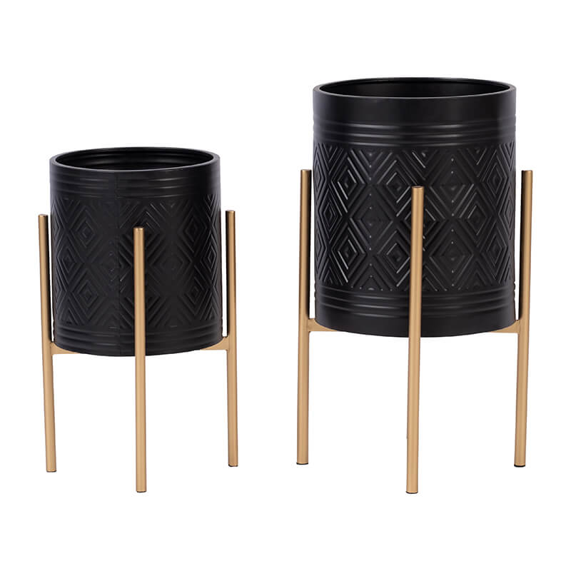 23" Black Aztec Planter On Metal Stand - Set of 2