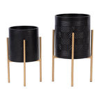 23" Black Aztec Planter On Metal Stand - Set of 2