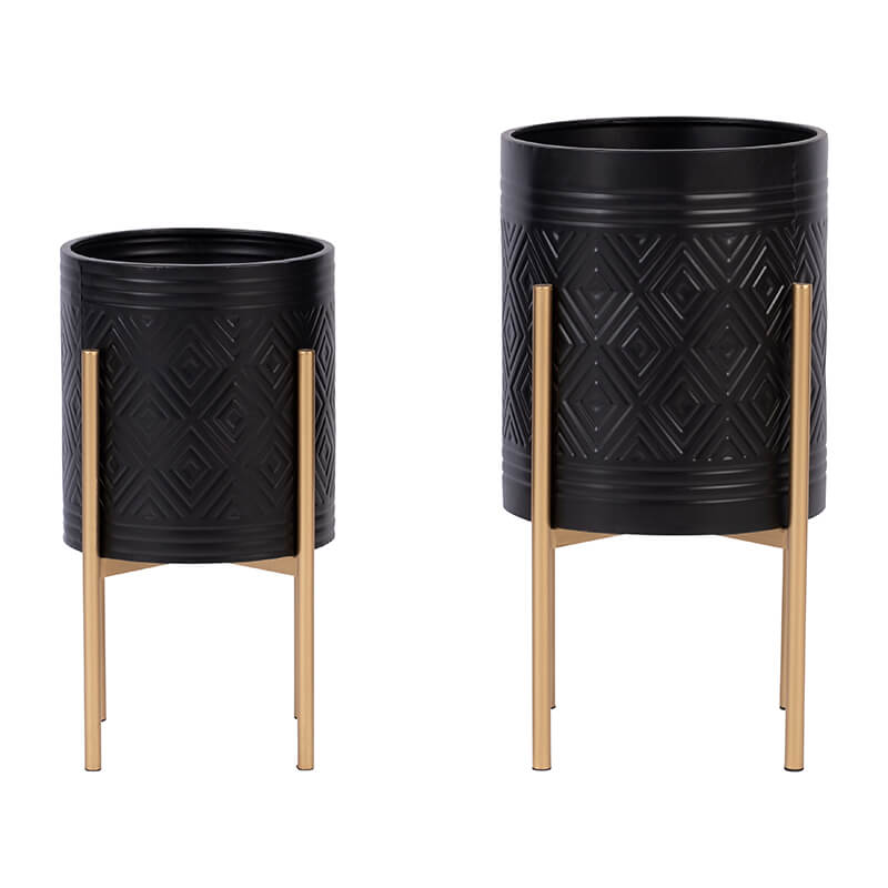 23" Black Aztec Planter On Metal Stand - Set of 2
