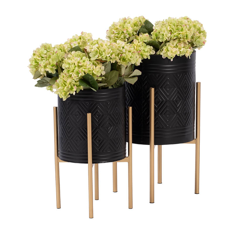 23" Black Aztec Planter On Metal Stand - Set of 2