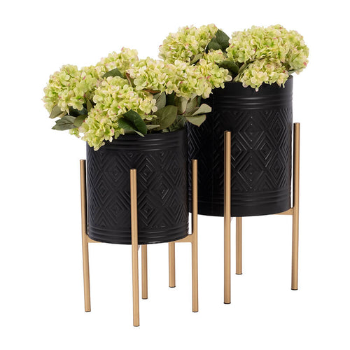 23" Black Aztec Planter On Metal Stand - Set of 2
