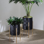 23" Black Aztec Planter On Metal Stand - Set of 2