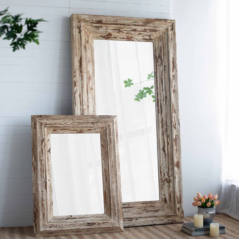 39" Full Length Rectangle Wall Mirror with Brown Distressed Wood Frame
