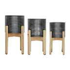 8/9/11" Black Metal Mesh Planters with Natural Wood Stand - Set of 3