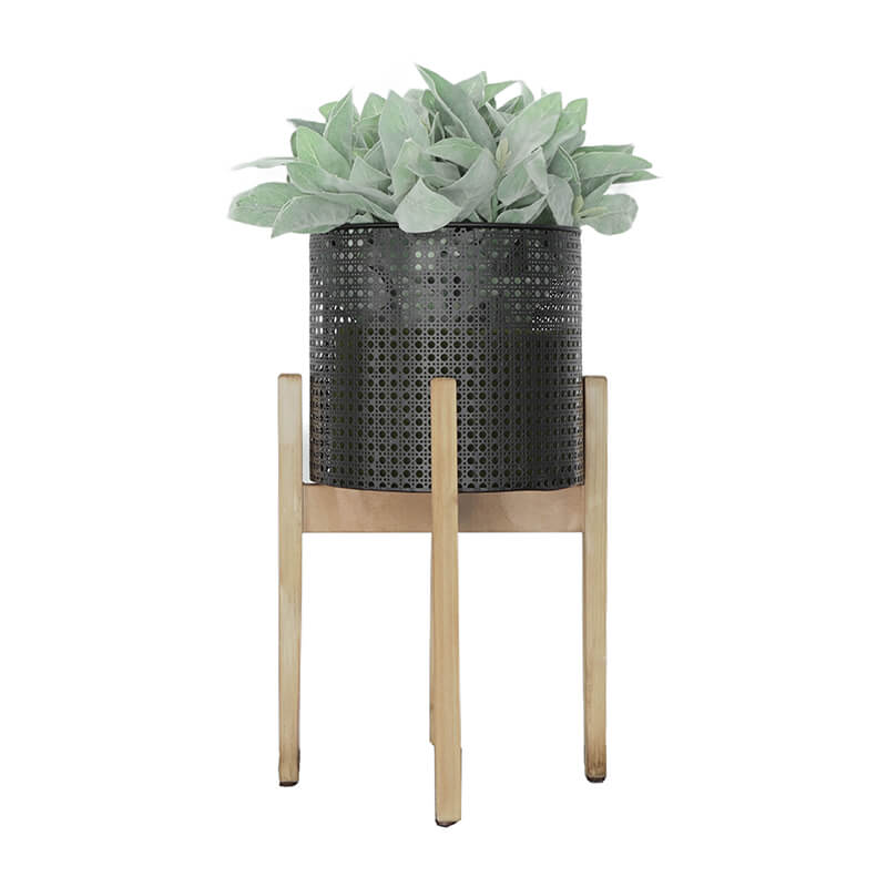 8/9/11" Black Metal Mesh Planters with Natural Wood Stand - Set of 3