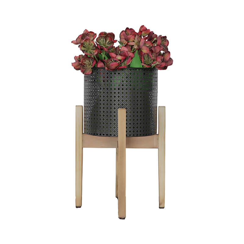 8/9/11" Black Metal Mesh Planters with Natural Wood Stand - Set of 3