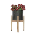 8/9/11" Black Metal Mesh Planters with Natural Wood Stand - Set of 3