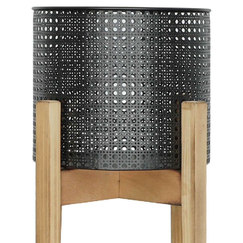 8/9/11" Black Metal Mesh Planters with Natural Wood Stand - Set of 3