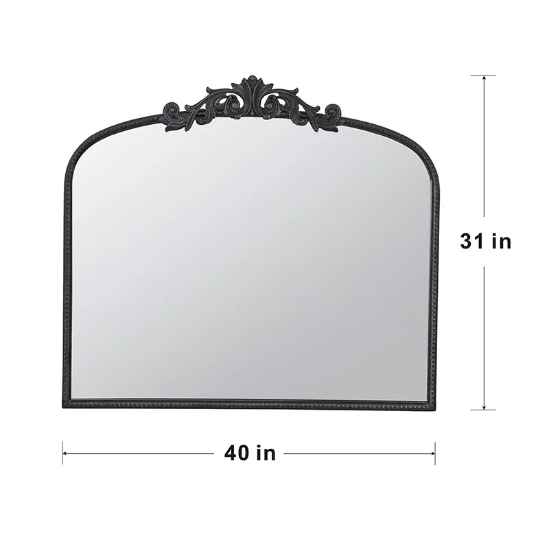 40" x 31" Arched Antique Wall Mirror with Baroque Carved Frame in Black