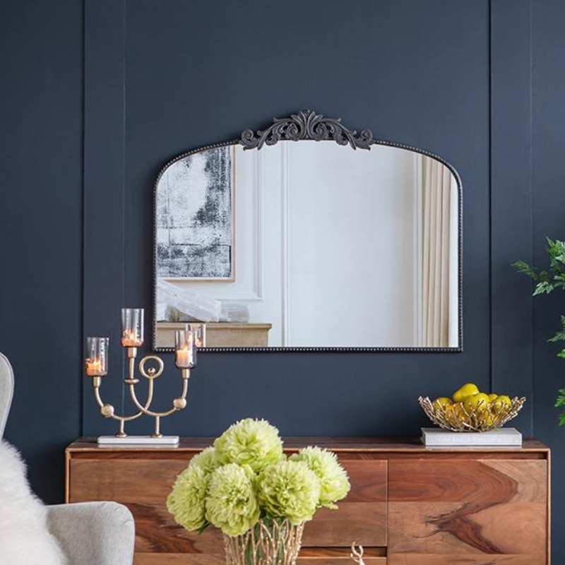 40" x 31" Arched Antique Wall Mirror with Baroque Carved Frame in Black