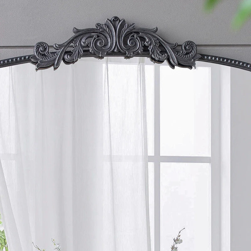 40" x 31" Arched Antique Wall Mirror with Baroque Carved Frame in Black