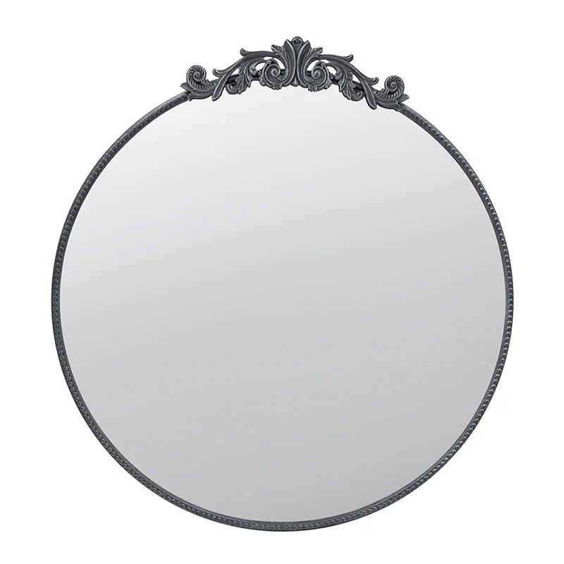 36" x 39" Black Round Antique Wall Mirror with Baroque Inspired Frame