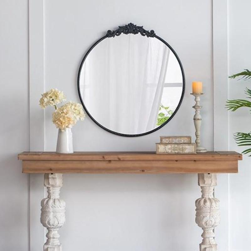 36" x 39" Black Round Antique Wall Mirror with Baroque Inspired Frame