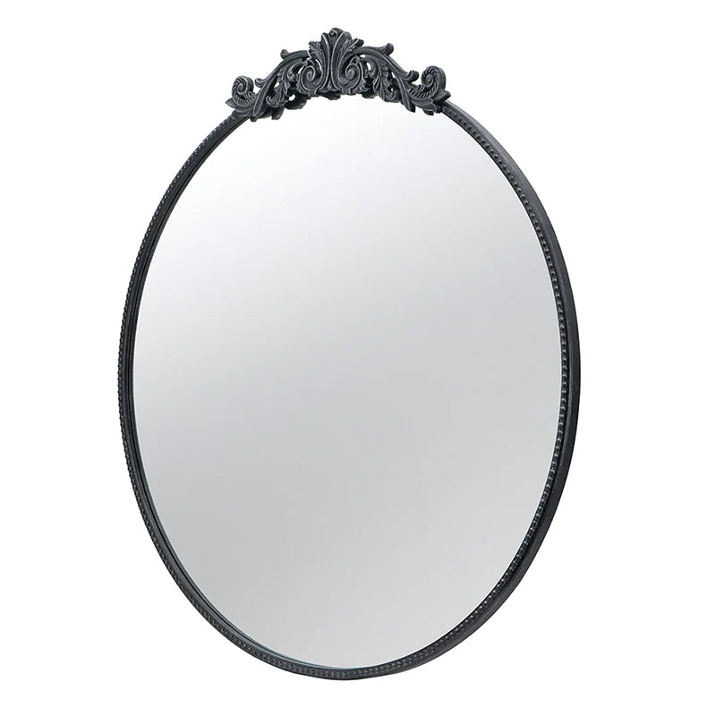 36" x 39" Black Round Antique Wall Mirror with Baroque Inspired Frame