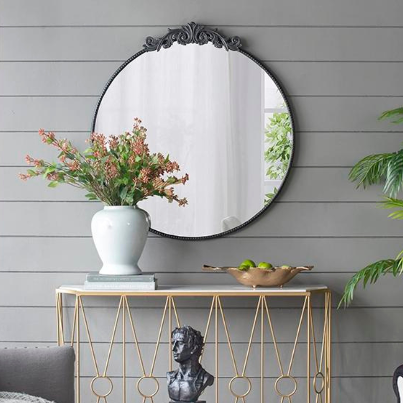 36" x 39" Black Round Antique Wall Mirror with Baroque Inspired Frame