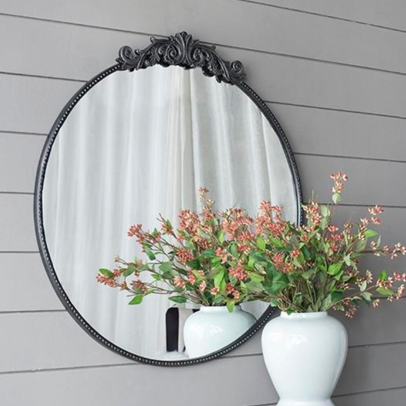 36" x 39" Black Round Antique Wall Mirror with Baroque Inspired Frame