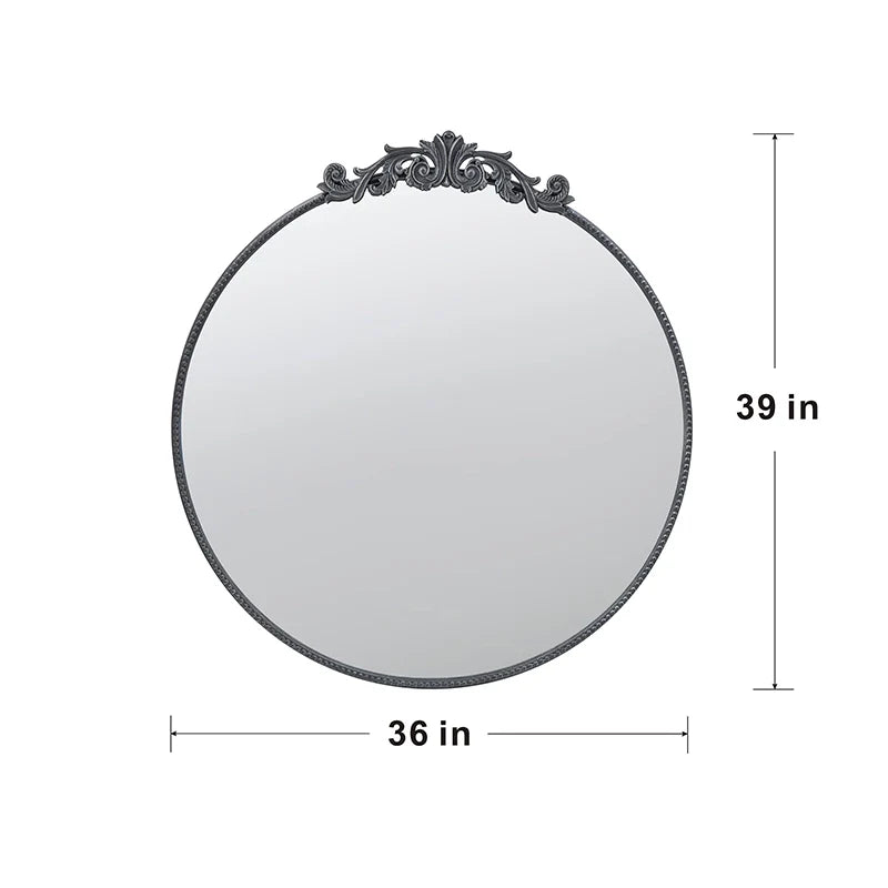36" x 39" Black Round Antique Wall Mirror with Baroque Inspired Frame
