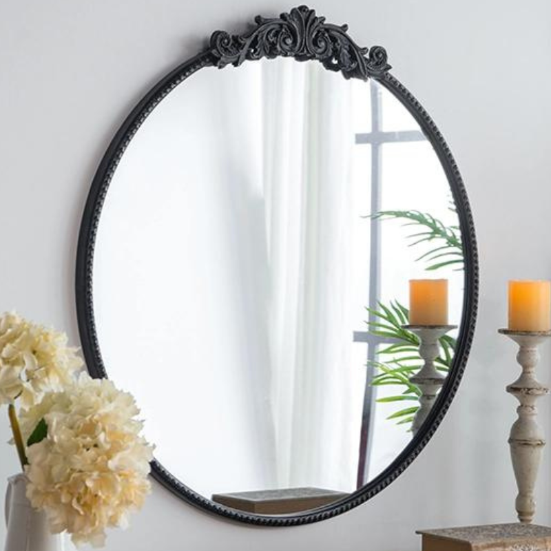 36" x 39" Black Round Antique Wall Mirror with Baroque Inspired Frame