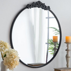 36" x 39" Black Round Antique Wall Mirror with Baroque Inspired Frame