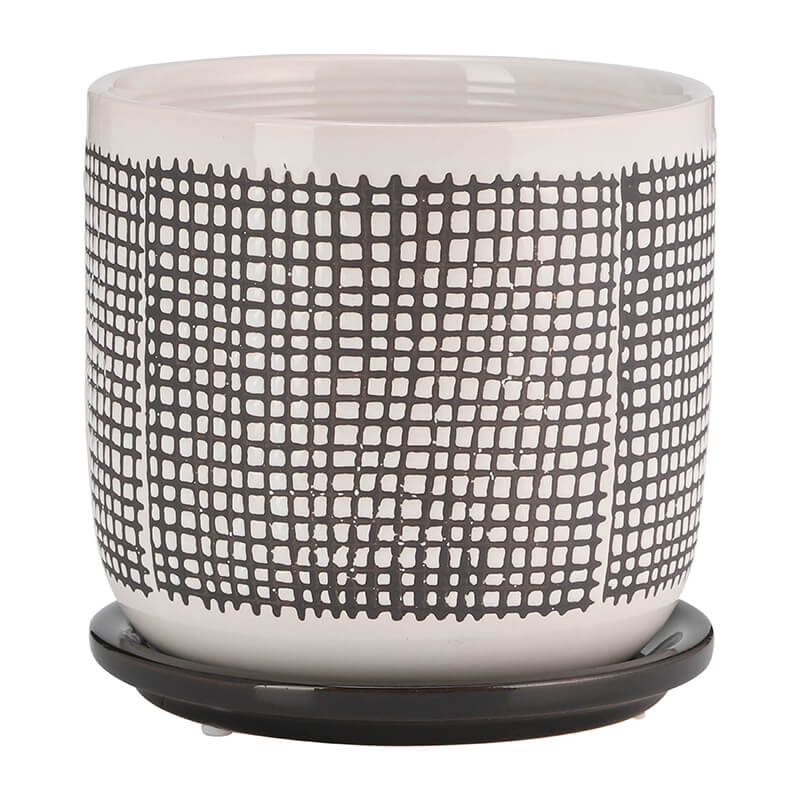 6" Gray Ceramic Planter with Mesh Design and Saucer