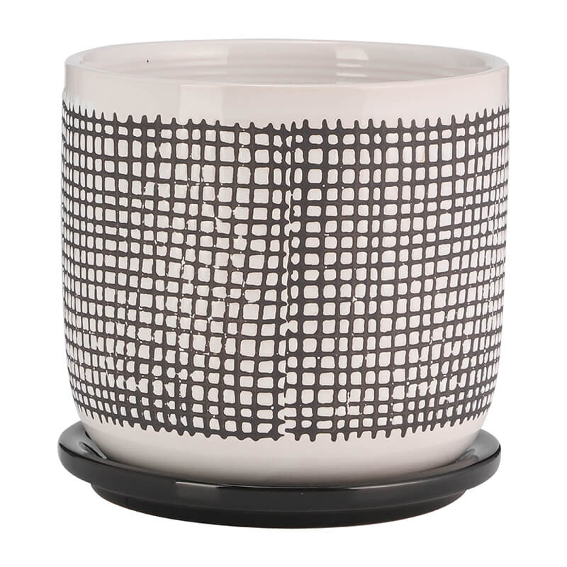 6" Gray Ceramic Planter with Mesh Design and Saucer
