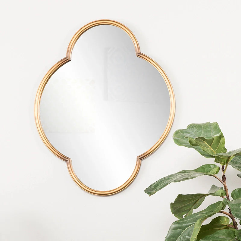 Modern Decorative Wavy Wall Mirror in Gold Frame - Four-Leaf Clover Shape