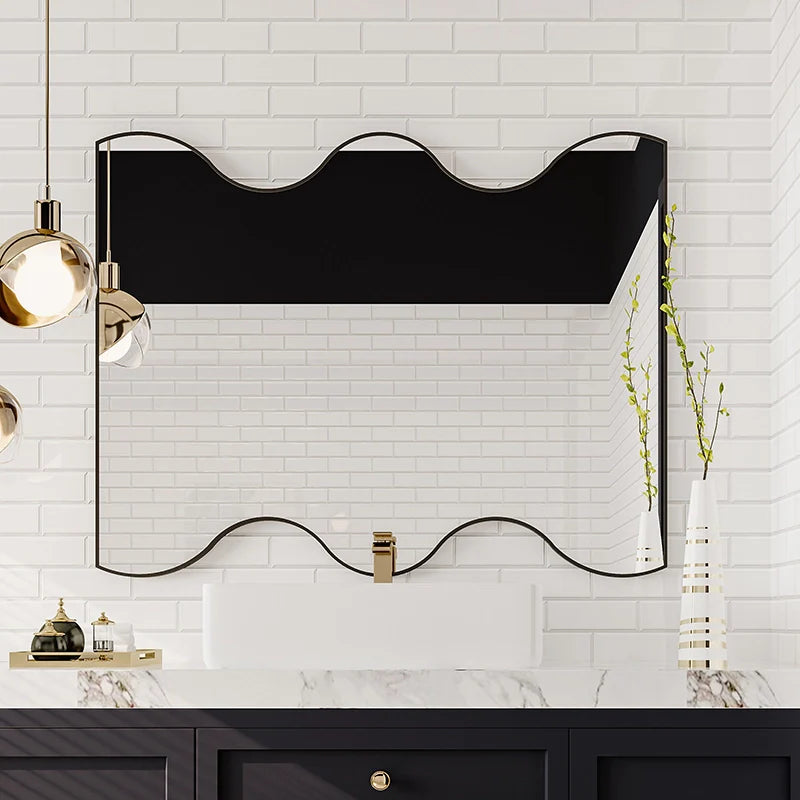 30 x 35 Inch Rectangular Wavy Wall Mirror in Black Metal Frame