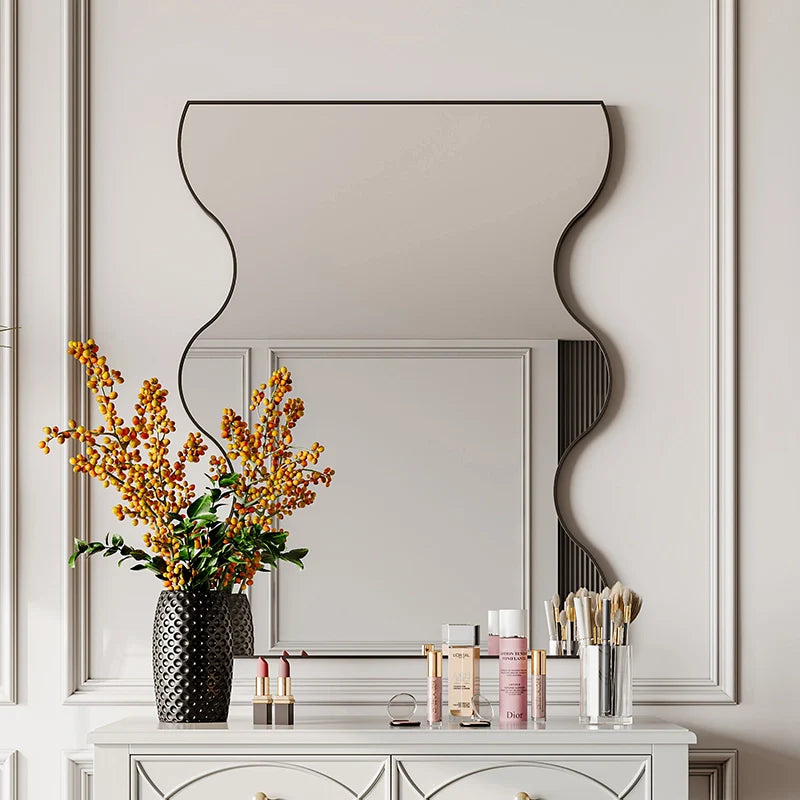 30 x 35 Inch Rectangular Wavy Wall Mirror in Black Metal Frame
