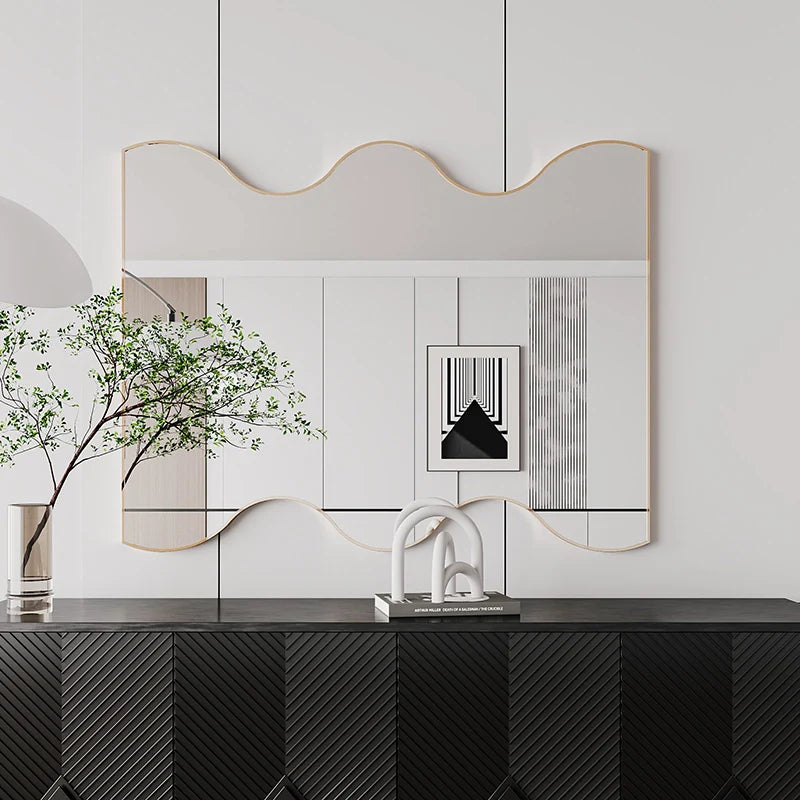 30 x 35 Inch Rectangular Wavy Wall Mirror in Gold Metal Frame