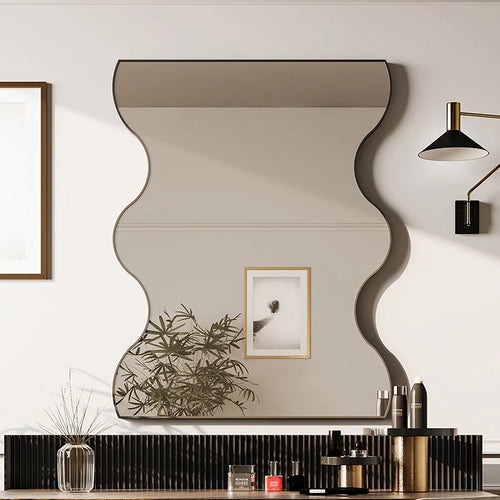 30 x 35 Inch Rectangular Wavy Wall Mirror in Black Metal Frame