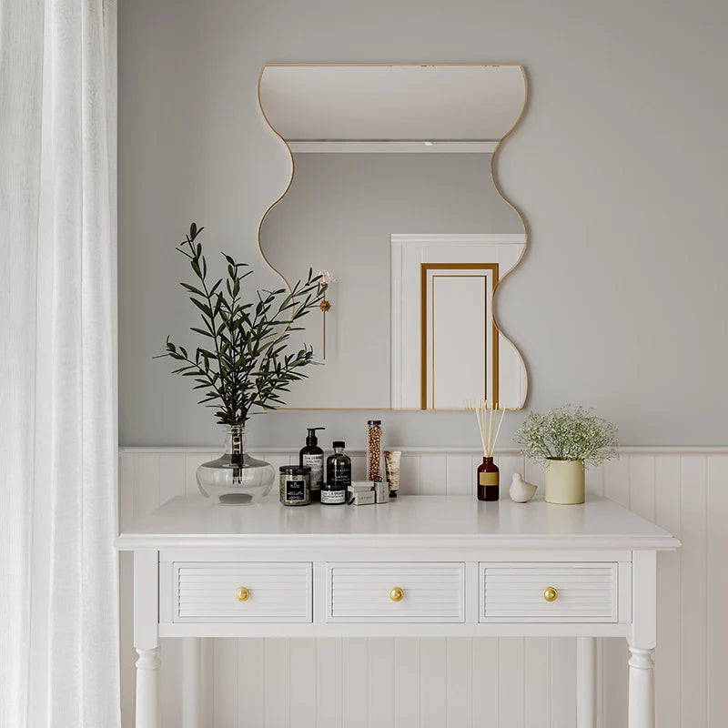 30 x 35 Inch Rectangular Wavy Wall Mirror in Gold Metal Frame