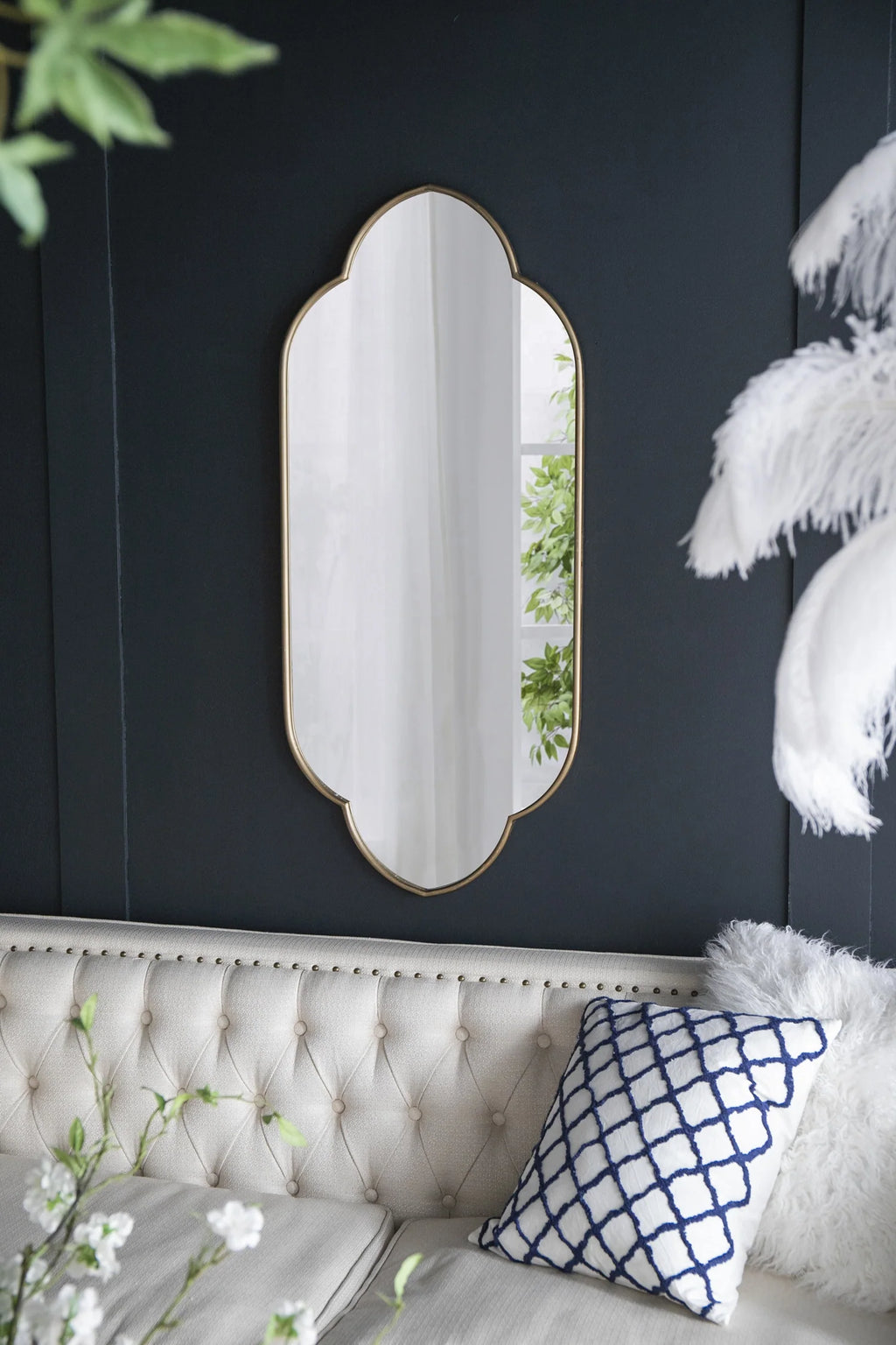 Champagne Gold Decorative Wall Mirror, 22.4” x 48” Arched Notched Wall Mirror with Metal Frame for Entryway, Living Room, Bedroom, or Hallway